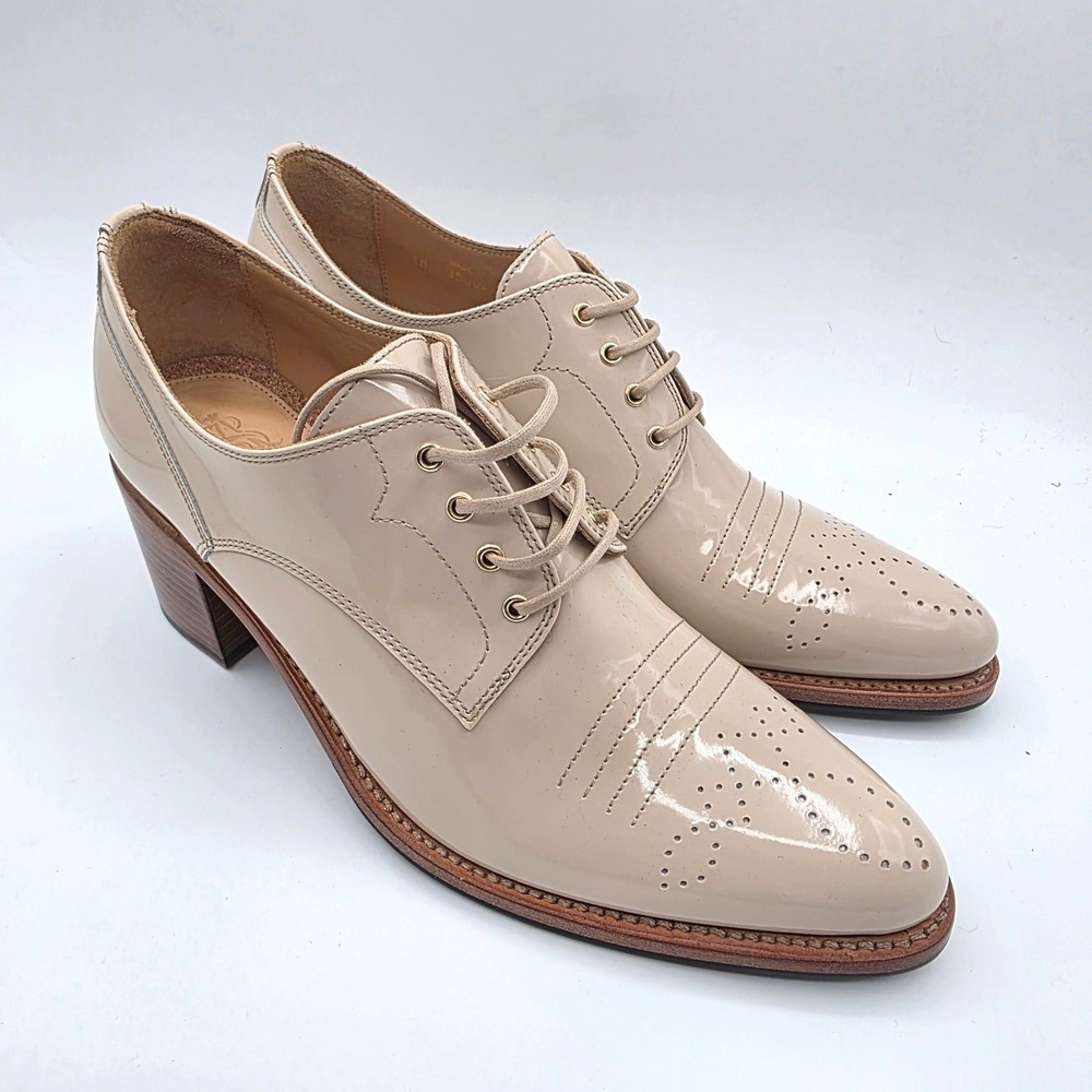 The Office of Angela Scott Miss Button Linen Patent Leather Oxford Heels 40